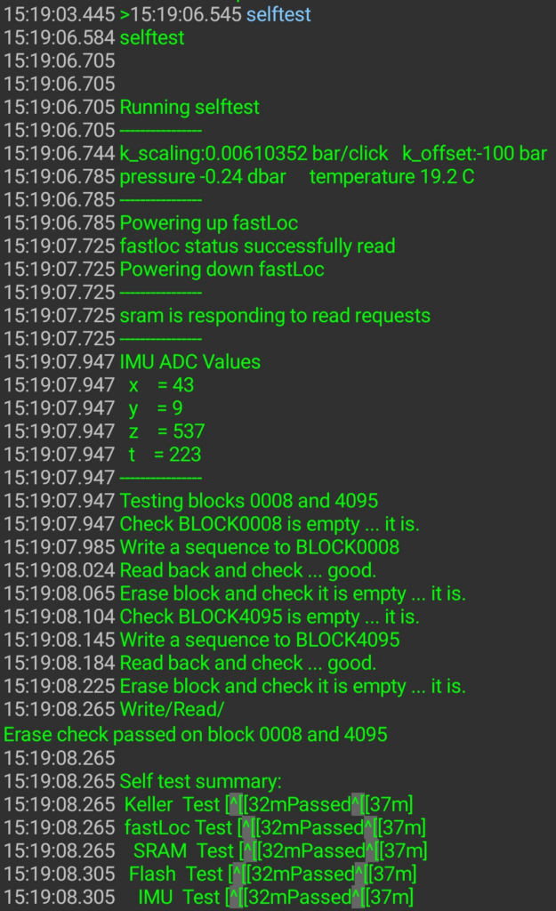 Screenshot of shark tag selftest output.